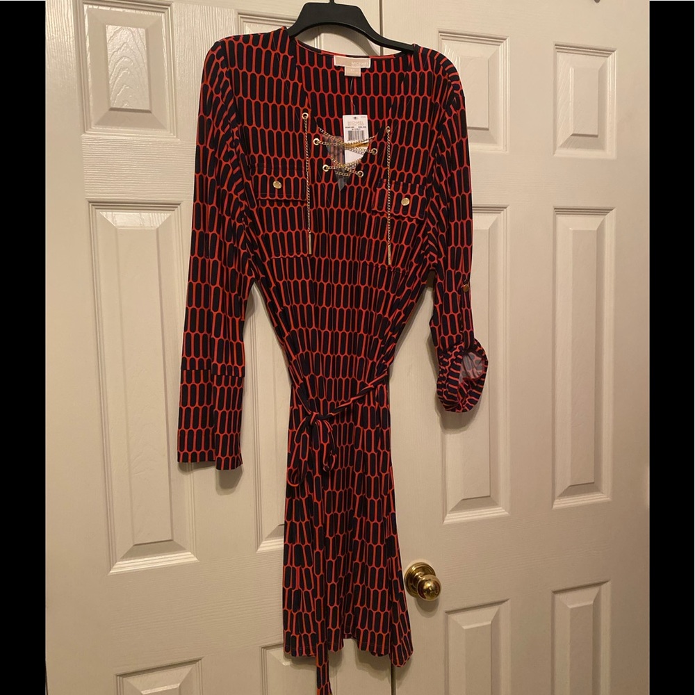 New-Michael Kors Coral Rose Dress w/Gold Chain accent